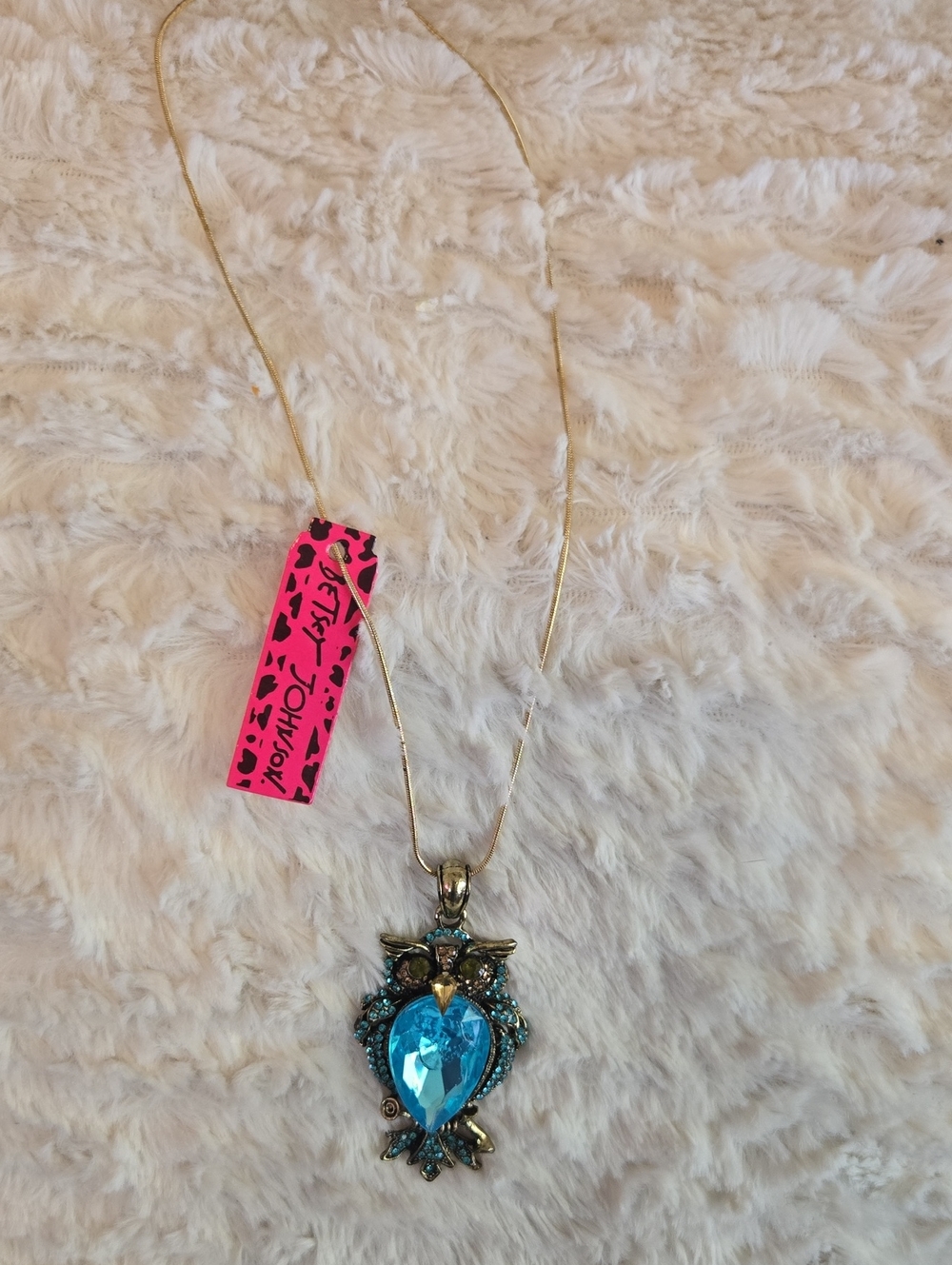 Betsey Johnson Gold-Tone Owl Necklace with Bright Blue Crystal